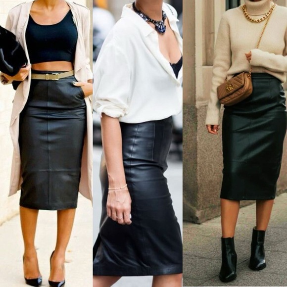 Vintage Dresses & Skirts - Vintage Avanti Black Leather Pencil Skirt waist size 23”-26”